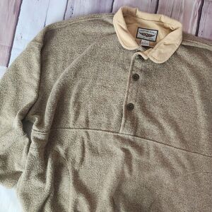 Straight Down Mens Large Sweatshirt Beige Henley 3 Button Golf‎ Pullover Pockets